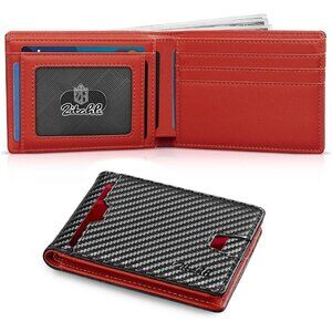 Men's Black Red Premium Vegan Leather Wallet Slim Blocking Credit Card Design